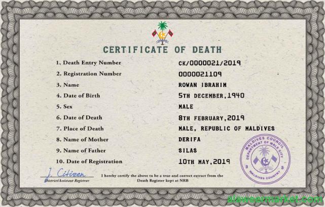 Maldives vital record death certificate PSD template